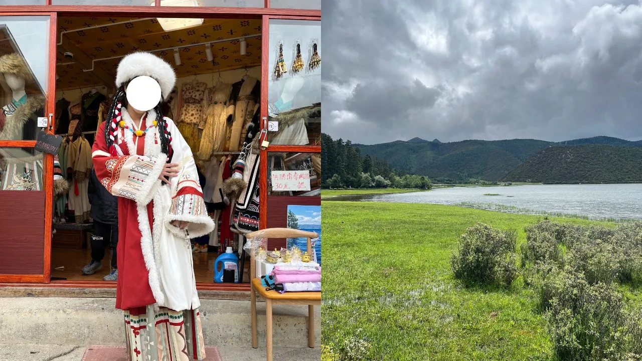 赤＆白のチベット民族衣装と普達措国家公園