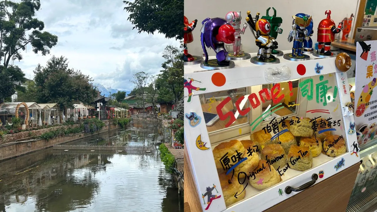 静かに流れる水路とスコーン