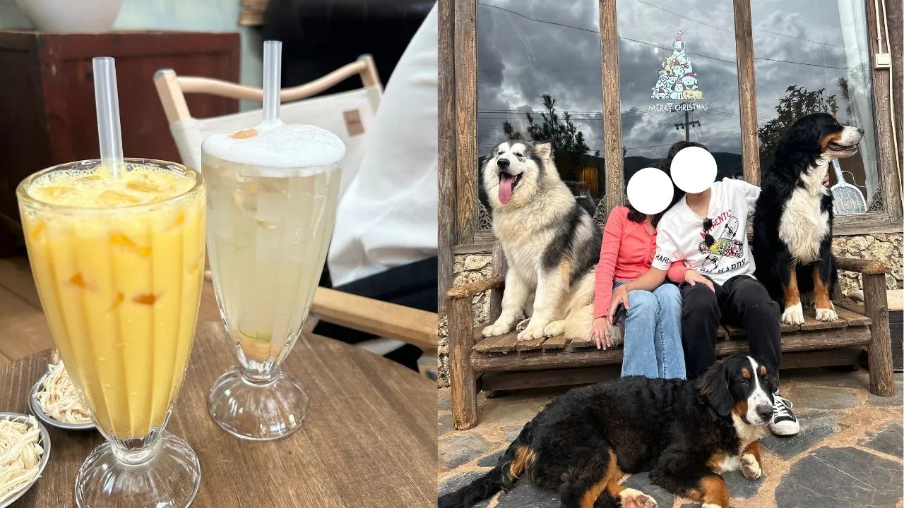 フレッシュオレンジジュース＆レモネードとカフェの前で集合写真